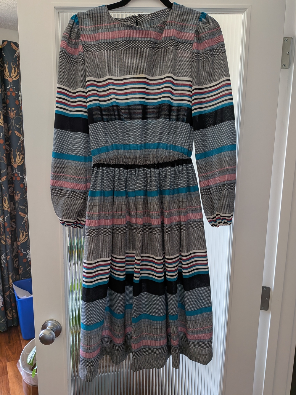 Striped Long Sleeve Midi Dress in Teal, Pink & Black - Vintage